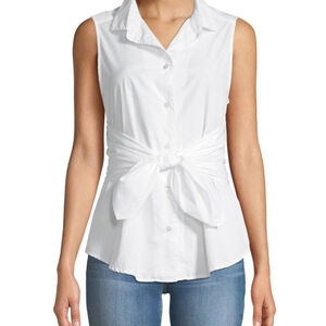 FRAME DENIM Preppy Light Academia Tie Poplin Sleeveless Blouse White Size XS